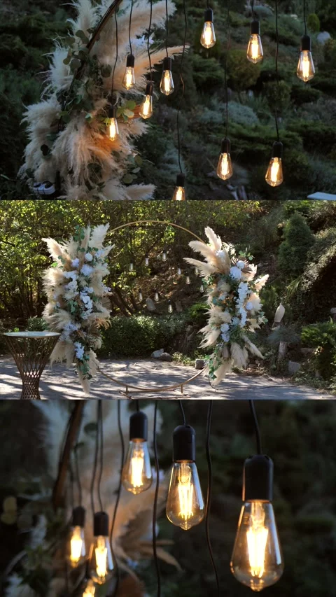 Wedding ceremony. wedding arch in boho style with garland lamps. Collage, multi Stock Footage 319850112