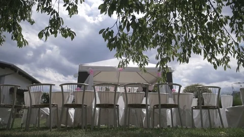 Wedding Chairs under the Trees with Cloudy Weather Stock Footage 86339215