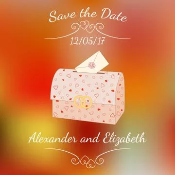 Wedding chest with an envelope over abstract colorful blurred vector background. Stock Illustration