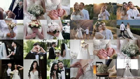 Wedding collage, multiscreen. groom, bride, bouquet, shoes, dress. Stock Footage 281100398