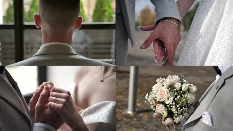 Wedding collage, multiscreen. groom, bride, bouquet, shoes, dress. Stock Footage 303179292