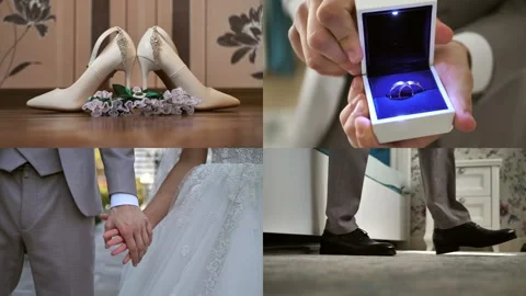 Wedding collage, multiscreen. groom, bride, bouquet, shoes, dress. Stock Footage 303179314