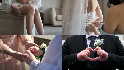 Wedding collage, multiscreen. groom, bride, bouquet, shoes, dress. Stock Footage 303179316