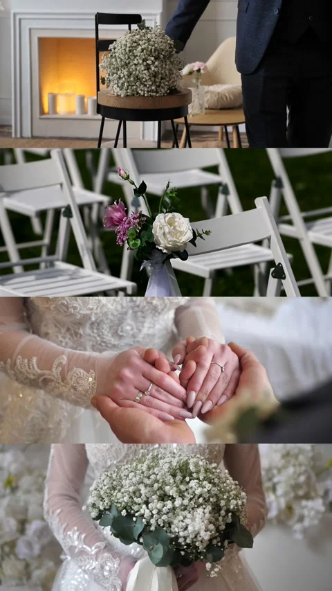 Wedding collage, multiscreen. groom, bride, bouquet, shoes, dress. Stock Footage 320009381