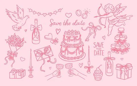 Wedding collection line art vector set, pink doodle Cupid, cake, champagne Stock Illustration