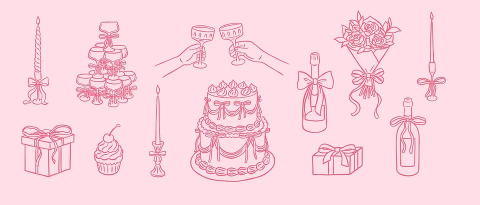 Wedding collection line art vector set, pink doodle cake, champagne, flowers Stock Illustration