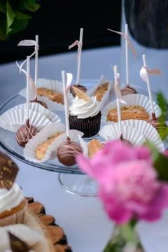 The wedding composition of delicious sponge fruit cakes decorated with juicy che Stock Photos