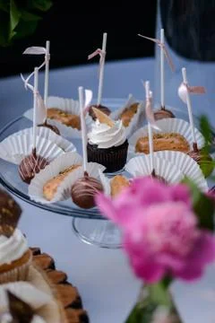 The wedding composition of delicious sponge fruit cakes decorated with juicy che Stock Photos