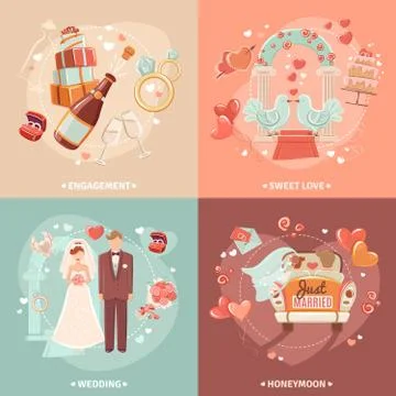 Wedding concept 4 flat icons square Stock Illustration