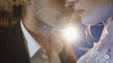 Wedding couple face close-up. Light leaks lens flare on shot. Fashion marriage Stock Footage 124465223