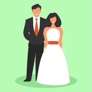 Wedding couple flat design vector illustration isolated on a green background. Ilustração Stock