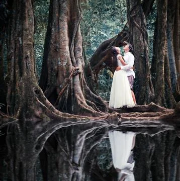 Wedding couple in forest Stock Photos
