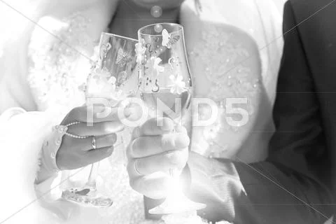 Wedding couple with glasses of champagne Stock Photos