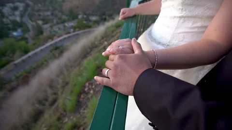 Wedding Couple Holding Hands during Golden Hour, rings Video stock 92557089
