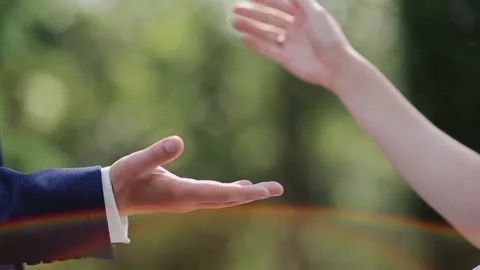 Wedding couple holding hands on sunset background shot in slow motion Stockbeeldmateriaal 132697176