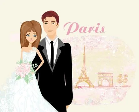Wedding couple in Paris Stock Illustration