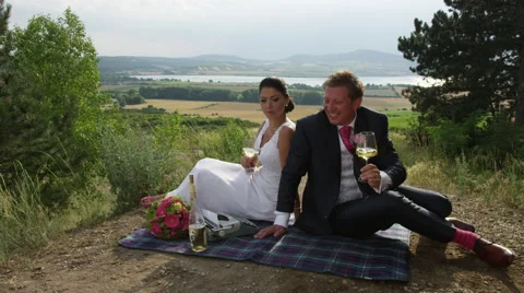 Wedding Couple Picnic Posing - 4k - Slow Motion Stock Footage 52534232