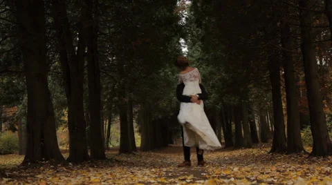 Wedding couple in a pine forest. Beautiful pine alley Stock Footage 33177597
