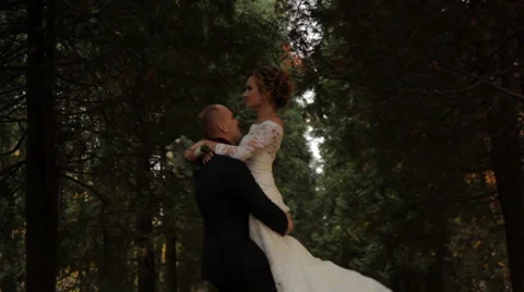 Wedding couple in a pine forest. Beautiful pine alley Stock Footage 33177820