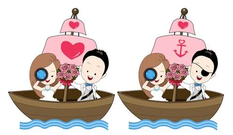 A wedding couple in pirate theme, bride and groom standing on a boat. Ilustração Stock
