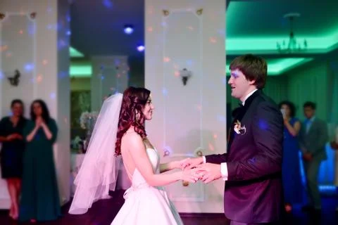 Wedding couple in the restaurant is dancing Stock Photos