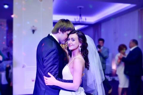 Wedding couple in the restaurant is dancing Stock Photos