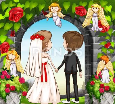 Wedding couple at the rose garden Stock Illustration