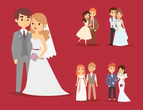 Wedding couple vector beautiful model girl in white dress and man in suit bride Stock Illustration