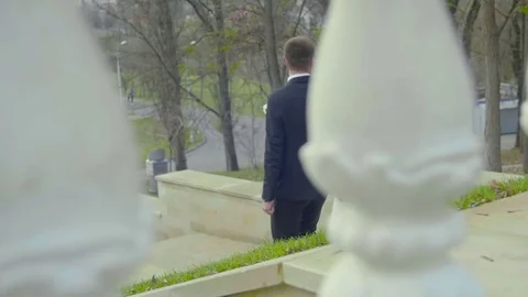 Wedding couple walk down to stairs and holding hands. backview Stock Footage 70335711