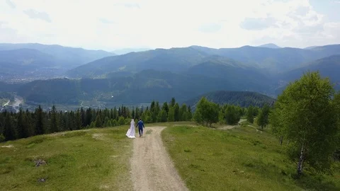 Wedding couple walking along the path in the Carpathian mountains Stock Footage 104603012