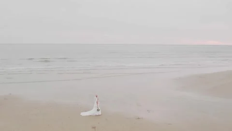 Wedding couple walking on the beach, view from drone Stock Footage 233871718