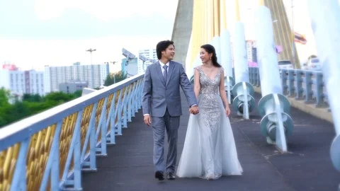 Wedding couple walking on bridge Stock Footage 109608750
