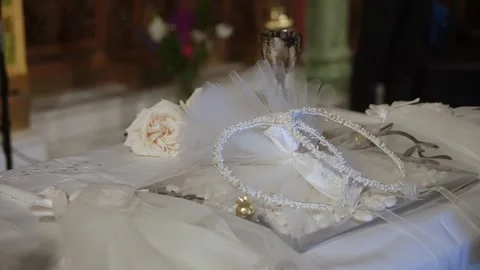 Wedding Crown Display, Romantic Scene Featuring Pearlembellished Crown On Satin Stock Footage 323773463