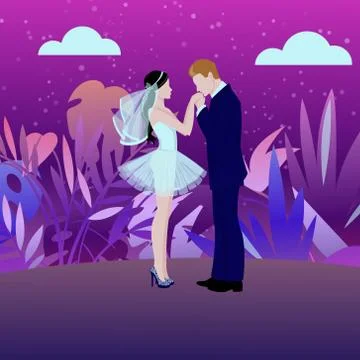 Wedding day background with bride and bridegroom and night outdoors cartoon Stock Illustration