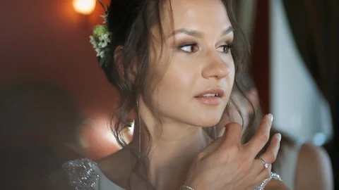 Wedding Day. Bride Fixes Her Hairstyle. Stock Footage 111782364
