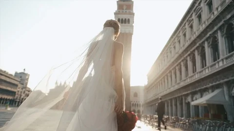 Wedding Day. Bride In Venice. Saint Mark Square. Stock Footage