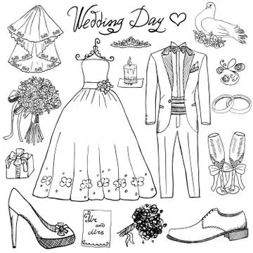 Wedding day elements. Hand drawn set with flowers candle bride dress and tuxe Stock Illustration