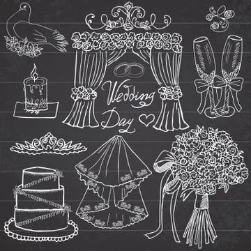 Wedding day elements. Hand drawn set with flowers, candle, glasses for champa Stock Illustration