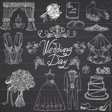 Wedding day elements. Hand drawn set with flowers candle bride dress and tuxe Stock Illustration