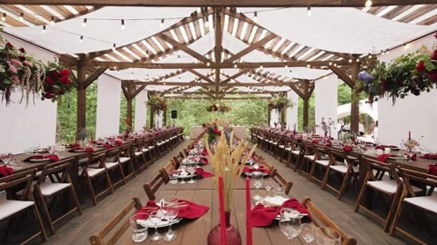 Wedding day event. Table setting decor. luxury event. Red red accents. Full shot Video stock 233087421
