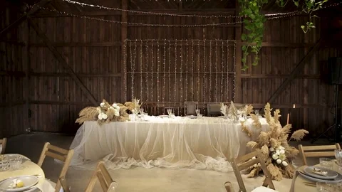 Wedding day setup. Wedding ceremony inside the restaurant. Stock Footage 260177886
