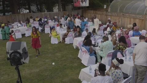 Wedding day. Tables with guests at backyard. Stock Footage 144236583