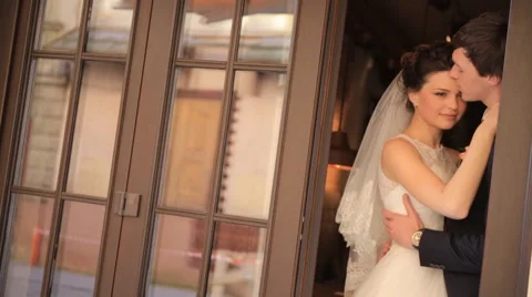 Wedding Day Young Bride And Groom Looking At Each Other With Love shot in slow Stock Footage 57455662