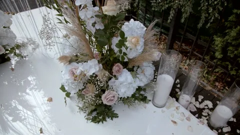 Wedding decor. Area of the wedding ceremony. Arch decorated with flowers. Stock Footage 164596372