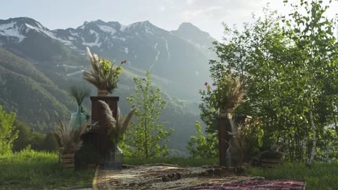 Wedding decor on the background of mountains Stock Footage 204003692