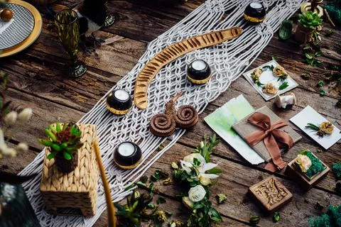 Wedding decor in boho style. Decor of the area for a photo shoot Stock Photos
