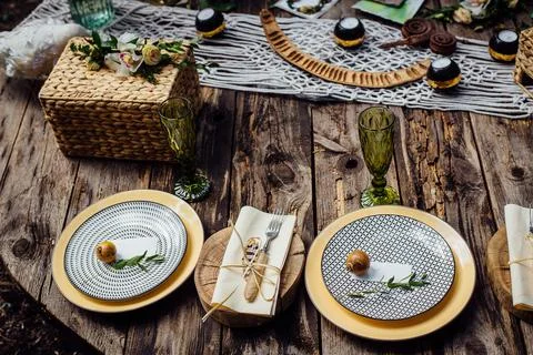 Wedding decor in boho style. Table of the bride and groom Stock Photos