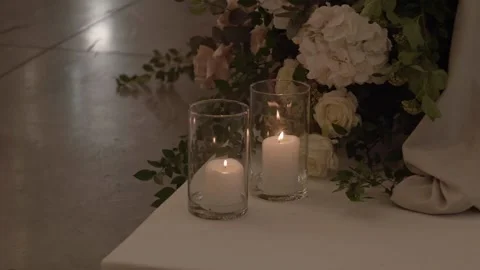 Wedding decor with candles on the table. Stock Footage 236058150