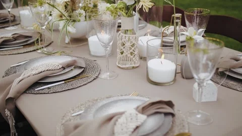 Wedding decor, decorated tables boho style, outdoor table setting beauty with Stock Footage 308661293