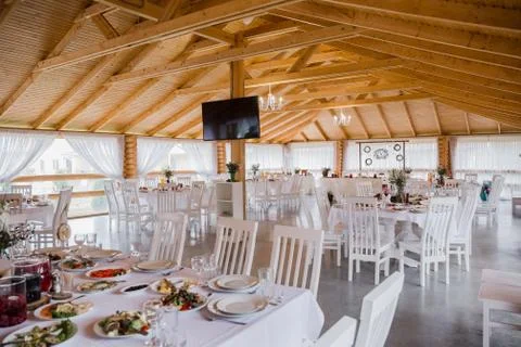 Wedding decor on a table in a restaurant Stock Photos